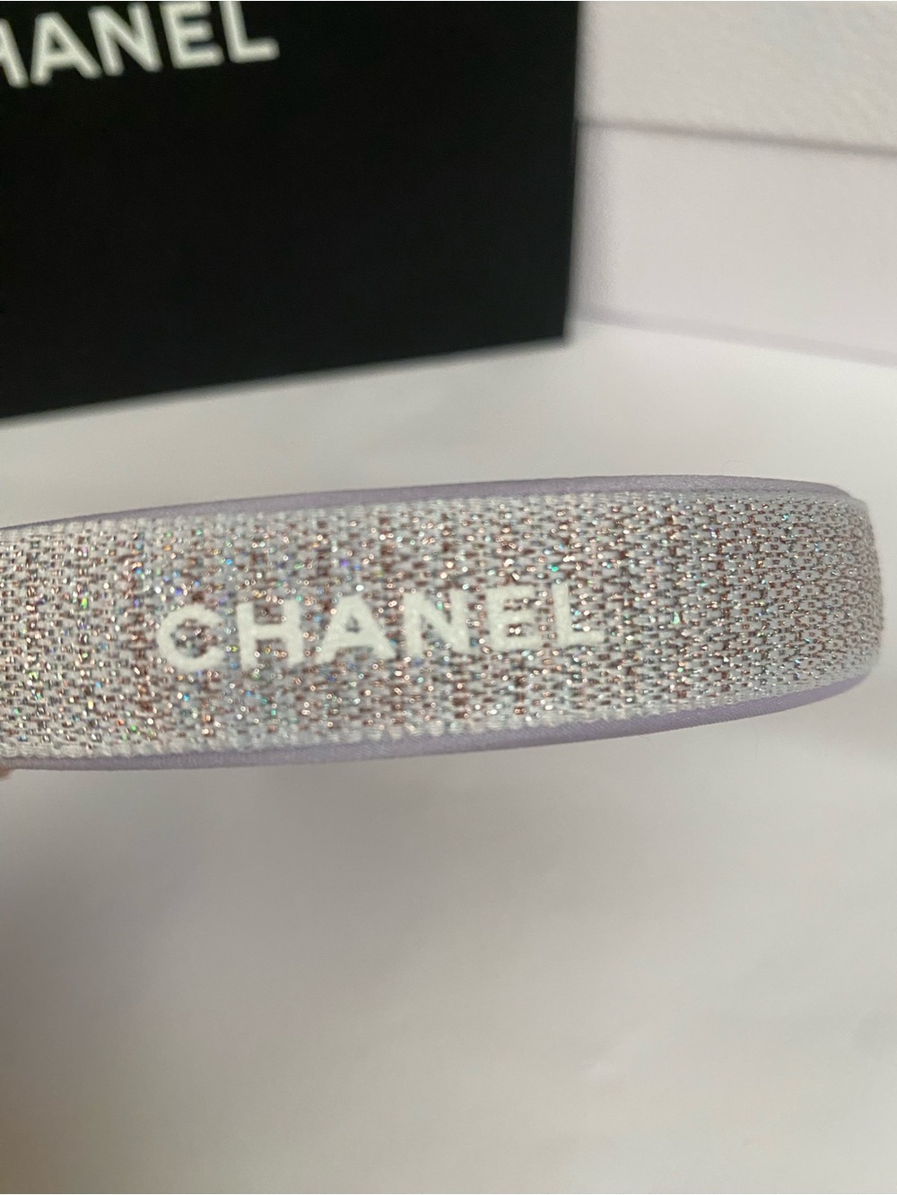 Chanel Ribbon Silver Tweed Metallic Lavender Headband - Picture 5 of 6